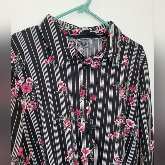 Floral Striped Blouse Tie Front Knotted Rose Boho Romantic Feminine Summer Large - Picture 7 of 9